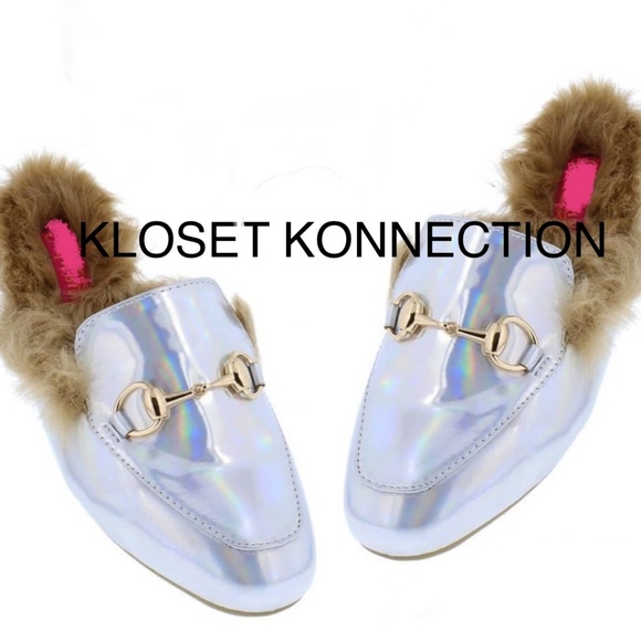 Shoes - 🎈Holographic Hologram Fur Loafer Flat Mule Slides